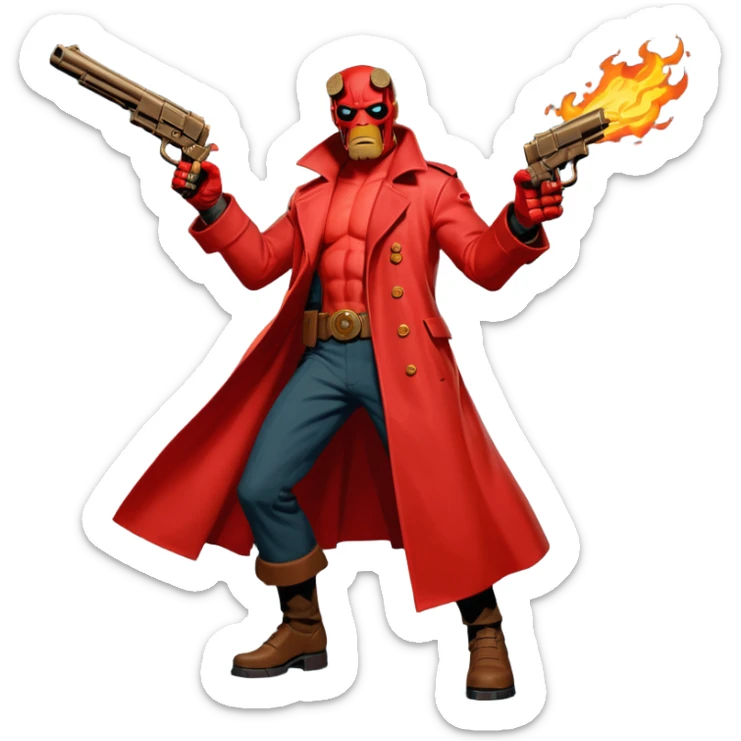 cinematic realistic superhero Hellboy by Mike Mignola jumps and shoots with a bronze pistol sticker