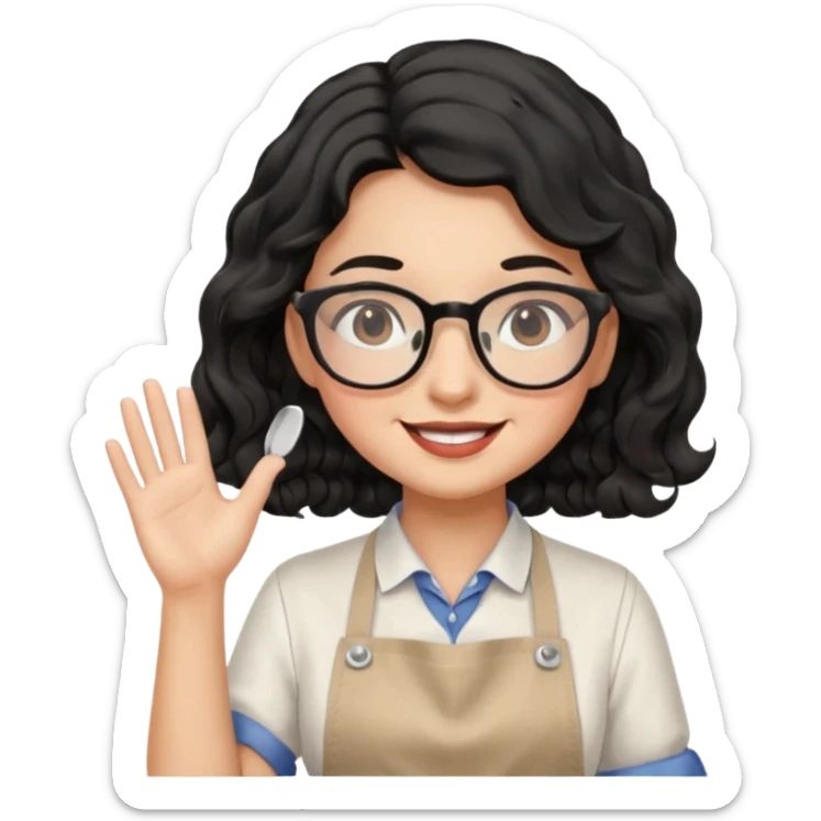 girl with apron, black wavy hair, wearing glasses, a little blush on her cheek sticker