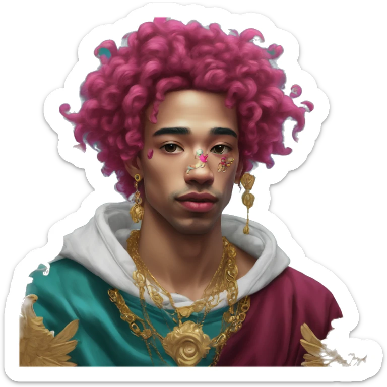 Vintage painting swirls gold jewellery baroque raven wings angel tropical Deep pink maroon burgundy cyan dark hoodie man vitiligo dyed hair gold piercings nose piercing ear piercings sticker