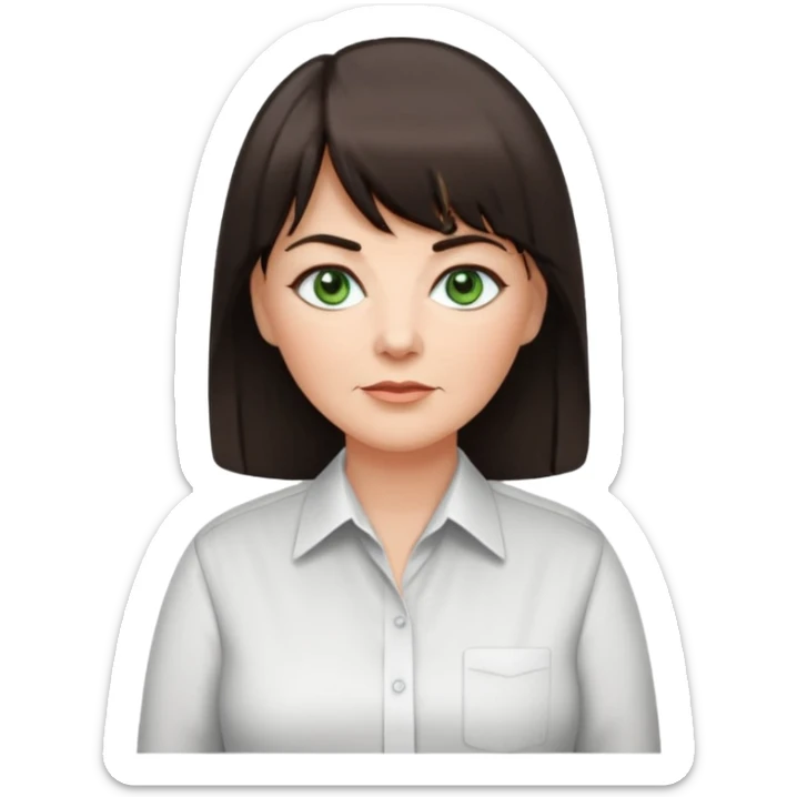 60 yr old woman, green eyes, long straight dark brown hair, business shirt, chubby, bangs sticker