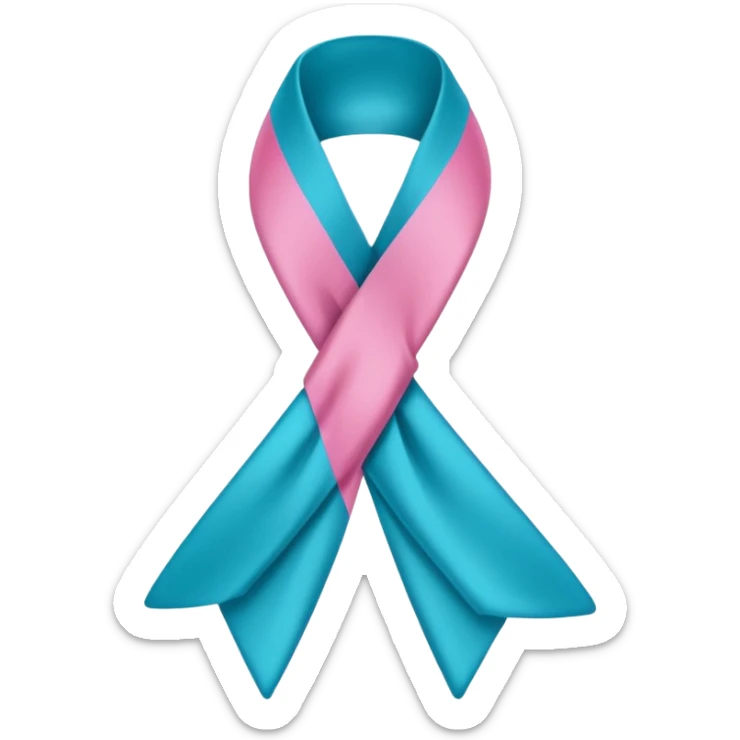 Thyroid cancer ribbon which has a blue strand, a pink strand and teal at the top where the ribbon crossed over sticker
