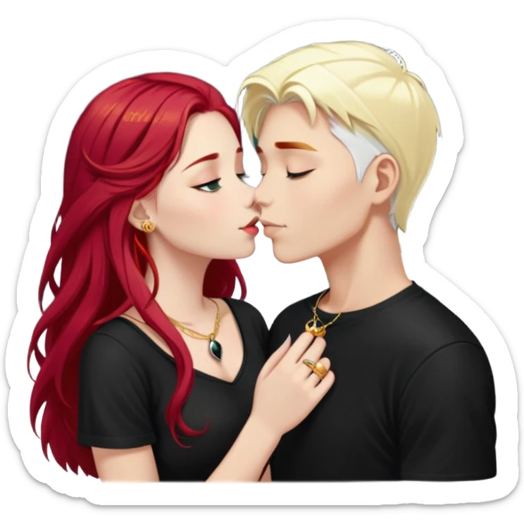 couple kissing, girl with long cherry red hair, blonde eyebrows, gold jewelry, boy with SHORT PURE WHITE hair like snow, dark t-shirt, silver ring with black stone sticker