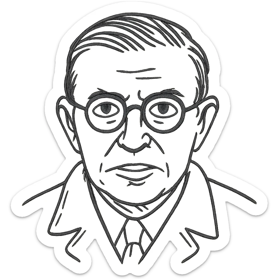 a hand drawn black outline portrait of Jean-Paul Sartre with similar-sized eyes based a famous portrait of him sticker