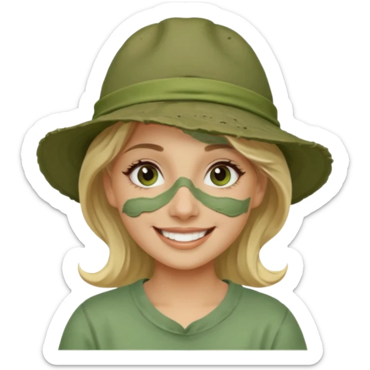 messy green clay mask and tourist hat blond braided woman big eyes smiling and clay mask on face sticker