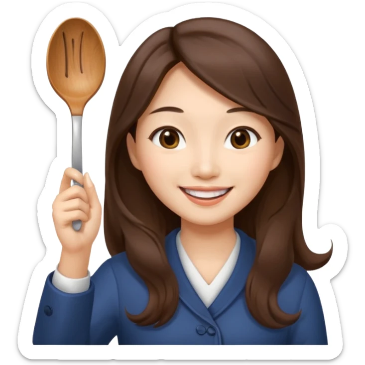 An Asian woman with long brown hair waving and greeting with a spoon in her hand sticker