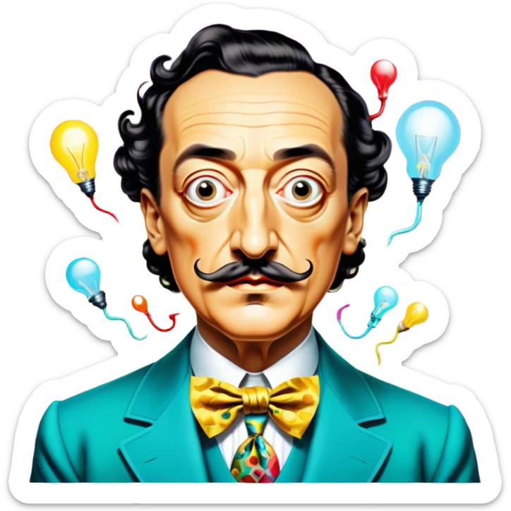 Cinematic Realistic portrait of Salvador Dalí, depicted as a surrealist artist with eccentric, expressive features and his iconic mustache, rendered with vibrant, imaginative lighting and richly detailed period attire that capture his avant-garde essence. sticker