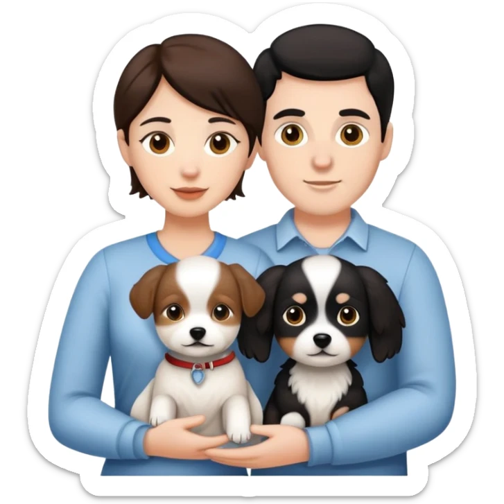 white male with brown hair and white female with black hair couple holding little white dog sticker