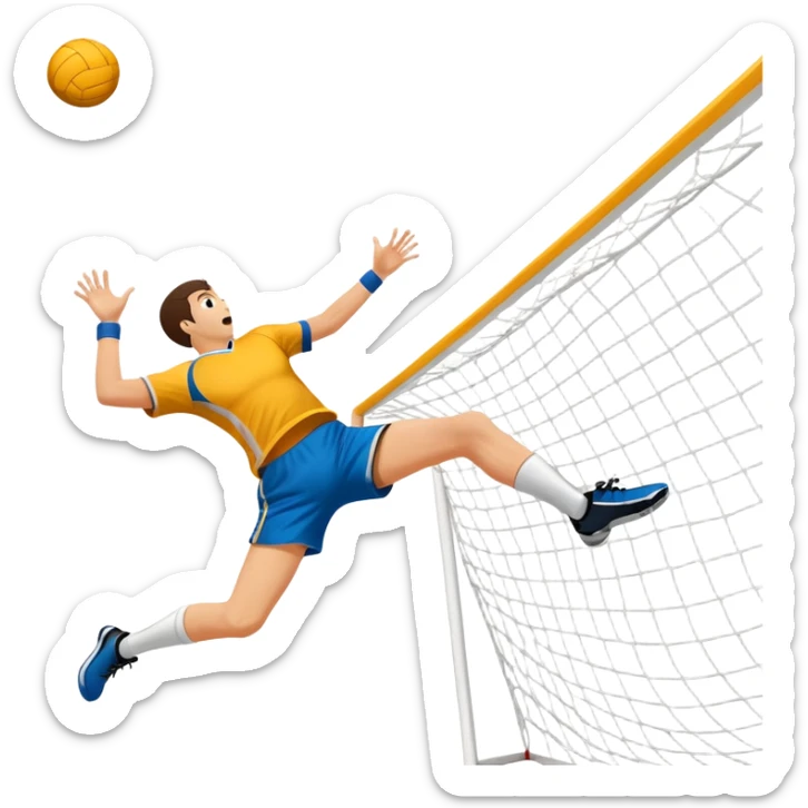 A handball thrown towards the goal, mid-air, with the goalposts and court lines in the background. The scene captures the power and precision of the throw, with the net of the goal in focus, emphasizing the dynamic action of the sport. sticker