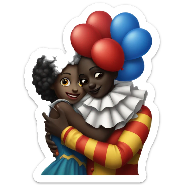 Dark skin girl hugging a clown, clown has on clown makeup, red nose,  sticker