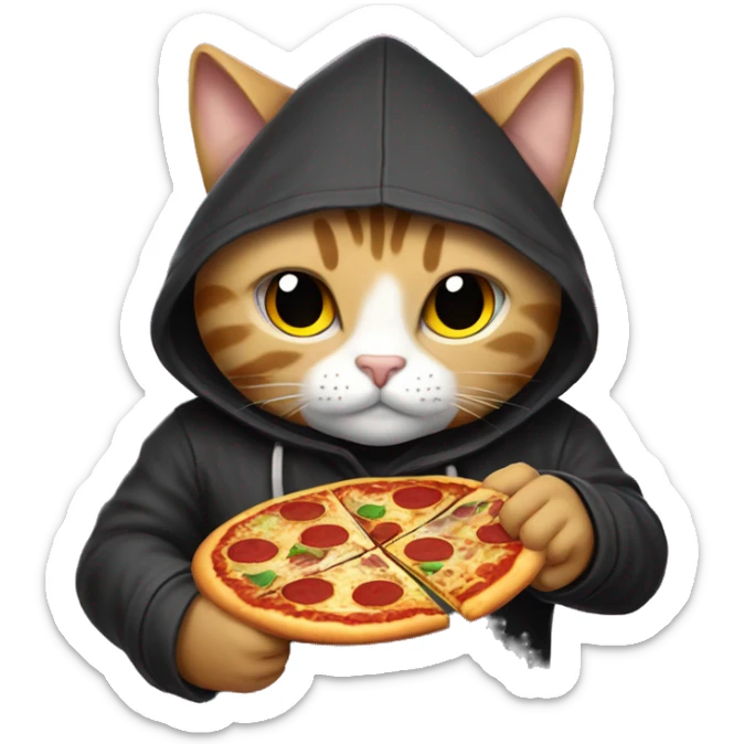 A hooded cat is holding btc in his hand , sweeter and Night-themes, Behind it is written pizza and JR crypto sticker