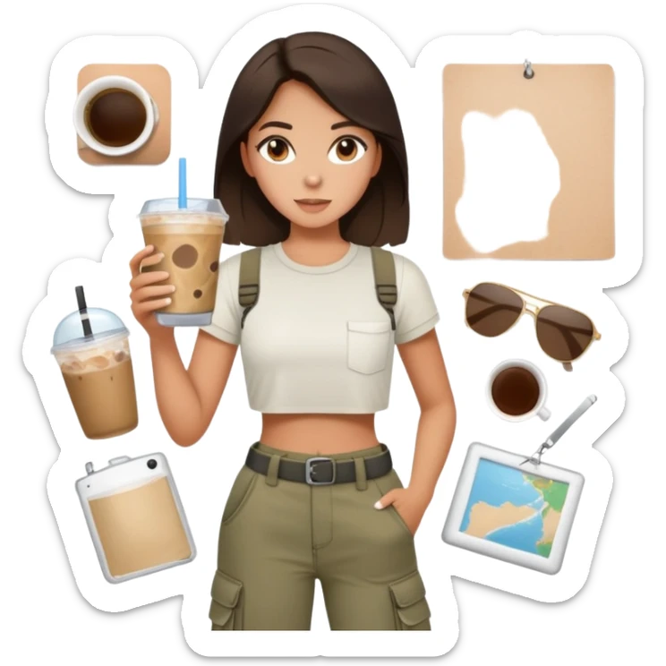 artsy brunette girl in cargo pants and crop top, holding iced coffee and a moodboard sticker