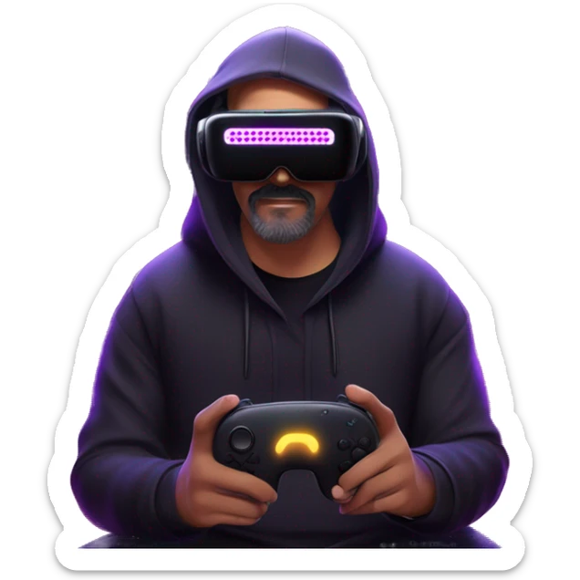 Big Lebowski wearing a black hoodie with "OMG" letters on it and VR headset oculus quest 2 in a cyberpunk VR environment with violet neon lighting. sticker