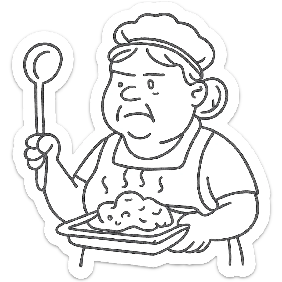 hand-drawn outlined icon of a lunch lady holding a ladle and a tray of gross food sticker