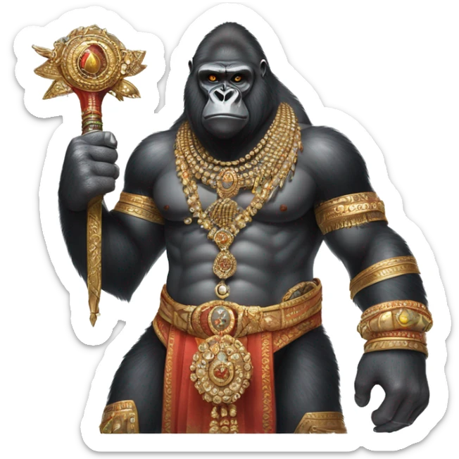 male gorilla with indian male jewellery and  indian traditional wear, holding a  huge weapon, humanoid, holding another  huge weapon  sticker