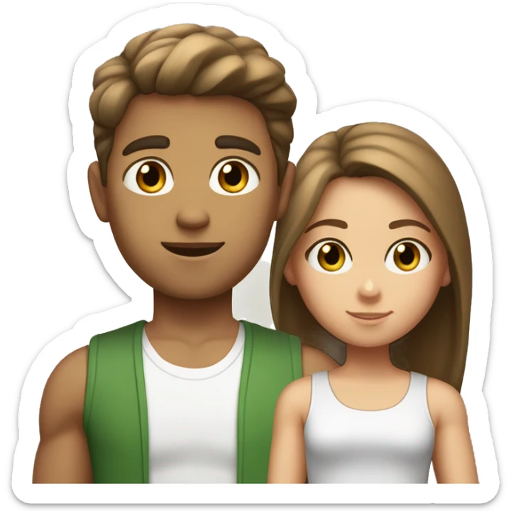 girl with light brown hair, straight and loose; with green eyes, a gray tank top next to a boy with short straight but voluminous brown hair and brown eyes, and wearing a white t-shirt sticker