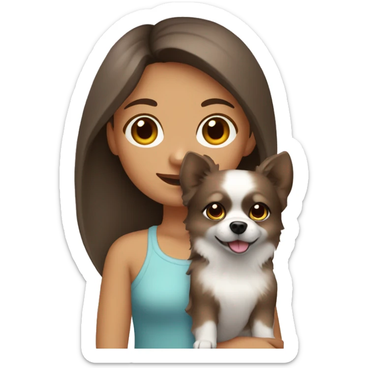 Where Girl with brown hair and brown eyes holding a grey pomeranian dog sticker
