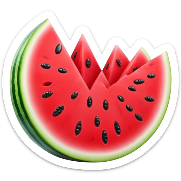 Cinematic juicy watermelon, thick slices revealing vibrant red interior, glossy and glistening with tiny black seeds, fresh and refreshing, soft glowing background, summer vibes. sticker