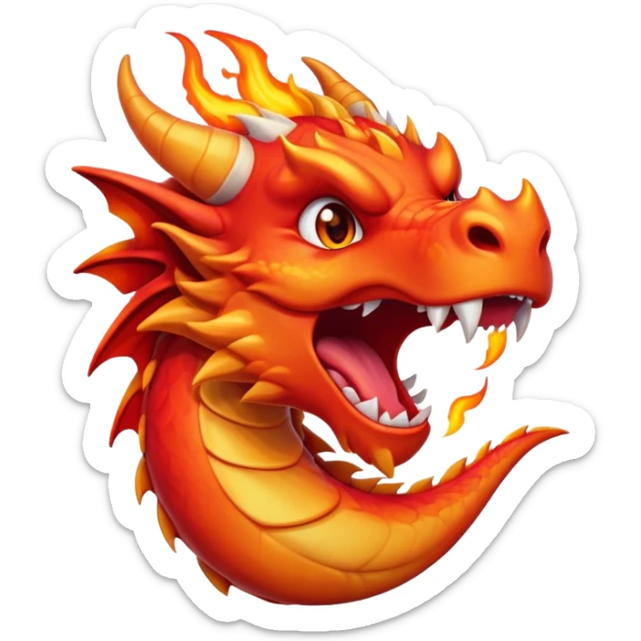 Cinematic Cute Yawning Fierce Fire Dragon Portrait Emoji, Head tilted slightly with a dramatic, wide-open yawn, revealing a fearsome yet endearing scaled visage bathed in searing reds and oranges, with gentle flames licking around its open mouth; rendered with realistic detail and flickering natural light, high shine, relaxed yet fierce, styled with a dash of smoldering charm, soft glowing outline, capturing the essence of a sleepy but spirited inferno ready to unleash a tender blaze of warmth! sticker