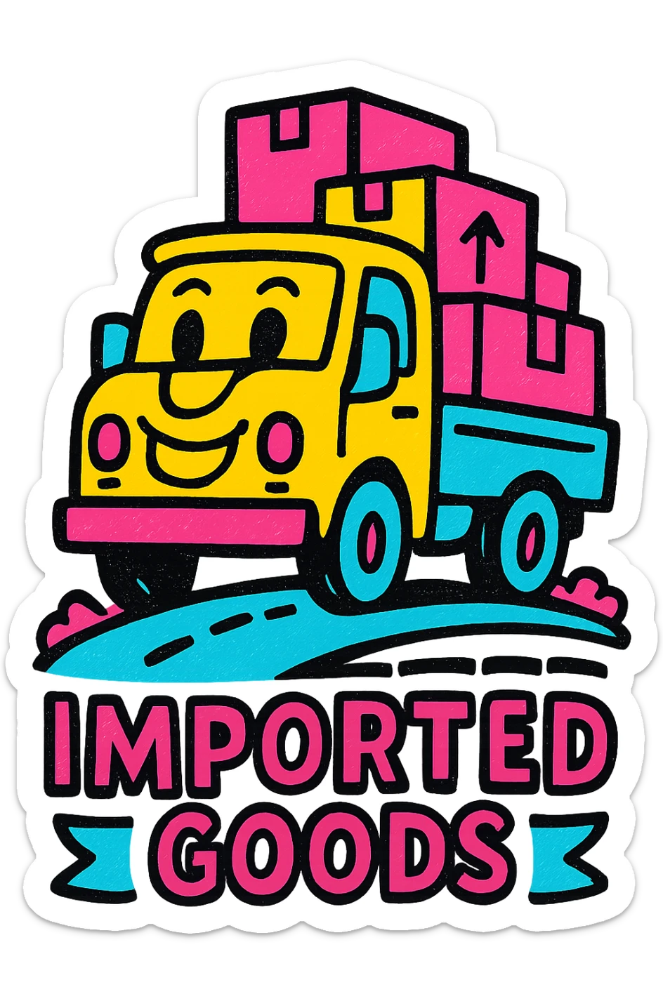 A cheerful icon of a truck driving on a highway with imported goods sticker