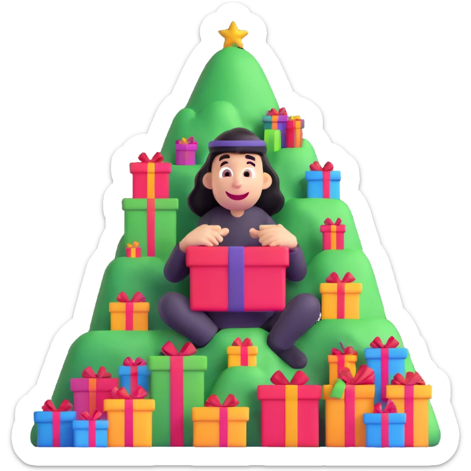 whimsical character buried under a mountain of colorful gifts, goofy and playful sticker
