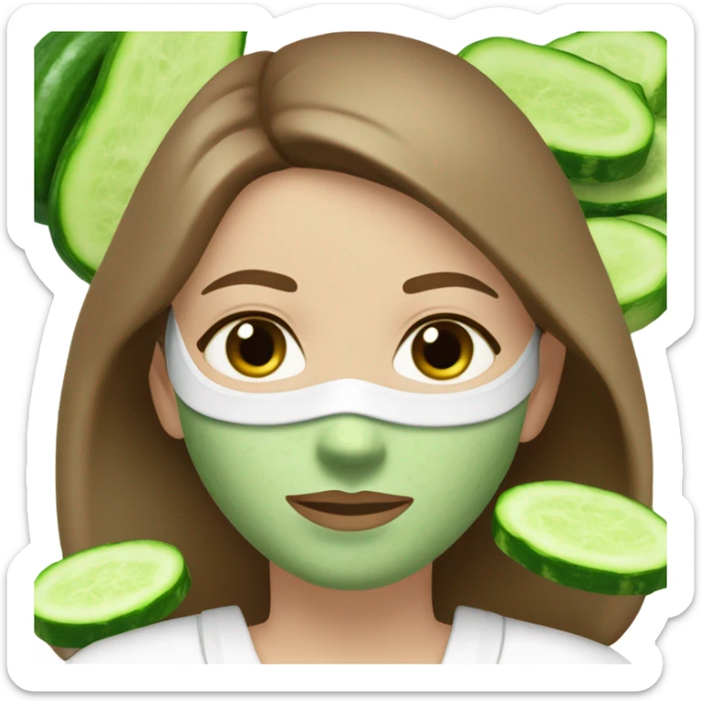 White girl with Brown hair and blue eyes wears a Green clay colored skincare textured mask and puts on cucumbers around her eyes while She relaxes in her white Robe sticker