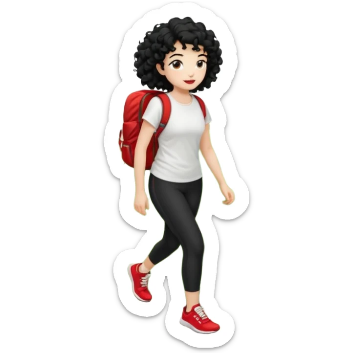 generate a pretty bratz fair skinned girl with curly black hair wearing a white tshirt trekking on a hill with red sneakers on and black leggings. Show HILLS around her sticker