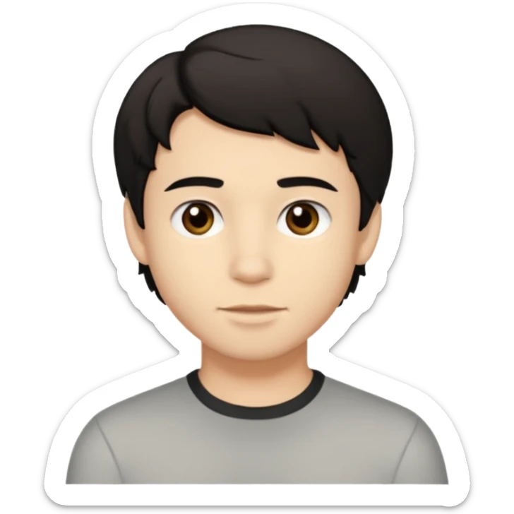 A young man with light skin tone, short wavy black hair parted to the side, large brown eyes, and a neutral expression with a small closed-mouth smile. sticker