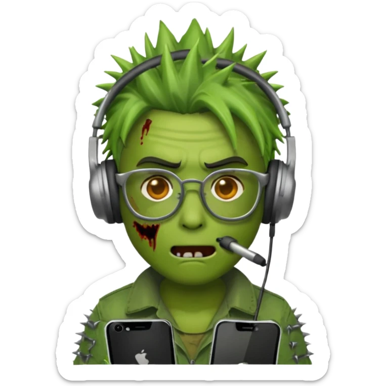 make a zombie iphone emoji with glasses, scratches spiky hair and headphones sticker