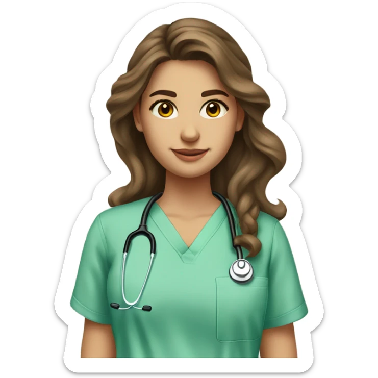 Water colour style image of a full view girl. She has long brown wavy hair, she is tanned with brown eyes and thick eyebrows. The girl is wearing light green scrubs and holding a stethoscope  sticker