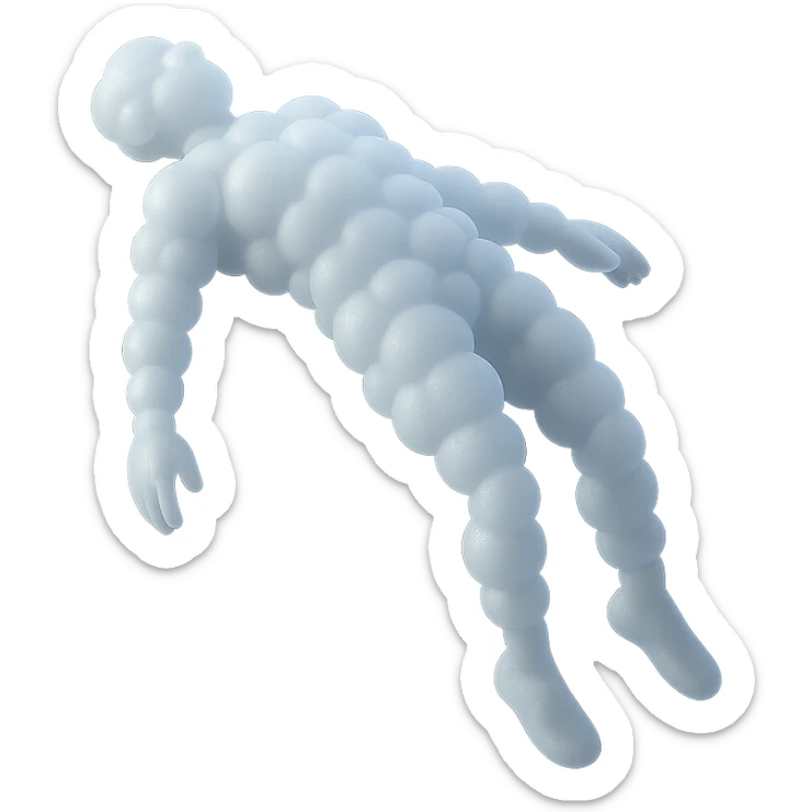 an unconscious person flying upwards by the torso, legs and arms downwards, made of small very bright white fluffy convex clouds, matte glass style sticker