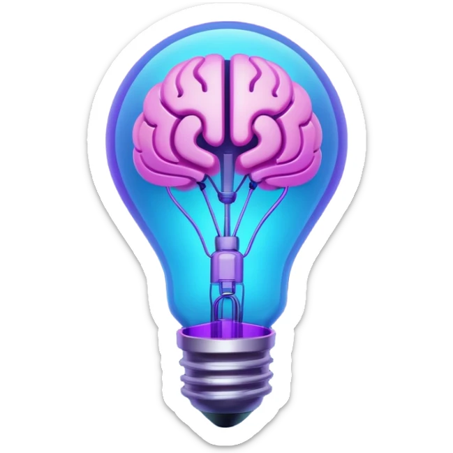 A stylized 3D emoji icon of a futuristic lightbulb. The filament inside is a glowing digital brain structure. The colors are a gradient of electric blue and purple neon light, with glowing edges. Minimalist, digital art aesthetic, sticker