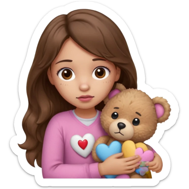girl with long wavy brown hair, brown eyes, light to medium complexion, in a pink shirt, pink lips, long lashes, sad, hugging squeezing a teddy bear with bandaid hearts sticker