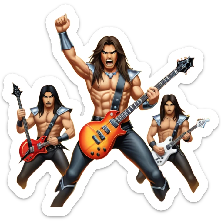 Icon for Metal Music: Manowar performing live, with powerful imagery of the band on stage, electric guitars, drums, and heavy metal energy. The background features a fiery stage and intense lights, reflecting the epic atmosphere of their concert. Transparent background. sticker
