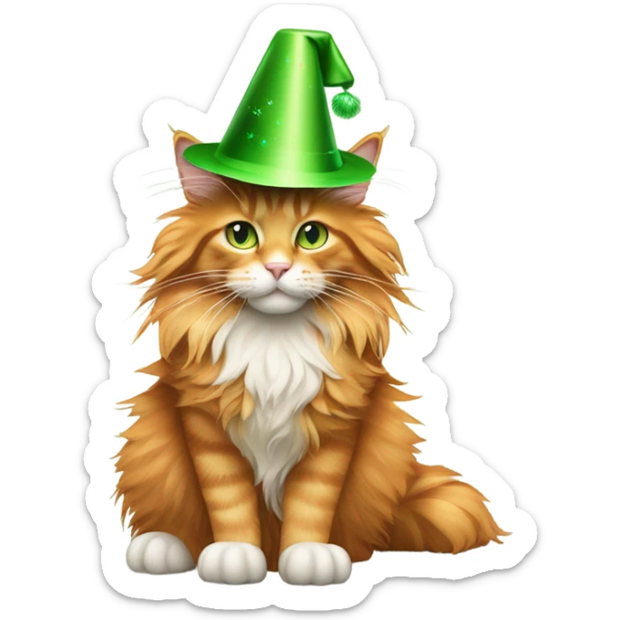 full body of orange maine coon cat with green eyes wearing a new year’s party hat sticker