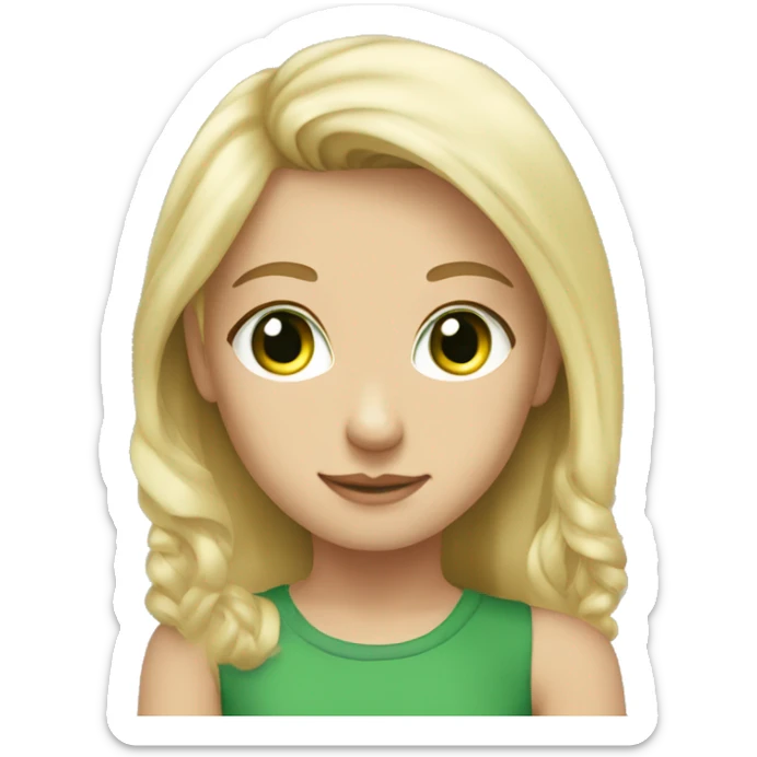 Girl, blonde hair, white, green eyes;man, sticker