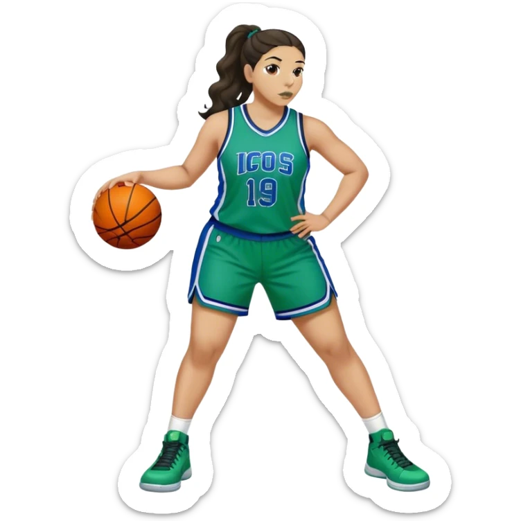 full body plus size light skin latino women basketball player with wavy dark hair in pony tail wide nose wearing green and blue uniform sticker