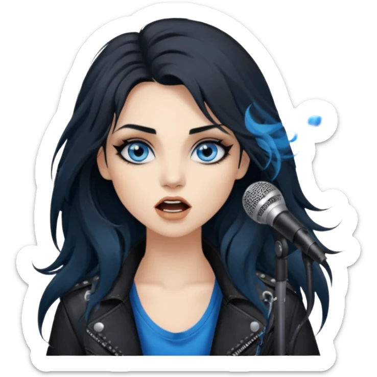 
 rockstar girl with long black disheveled hair, blue eyes, Smokey eyes grunge makeup, singing  sticker