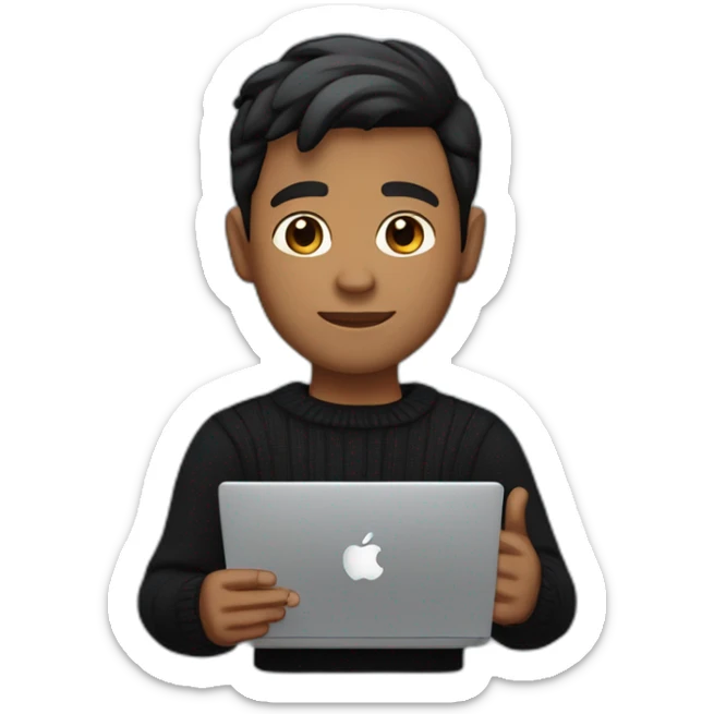     memoji of a man with a laptop in front, apple-style,modern,dark hair,black sweater,computer in hand, srilankan brown skin, an avatar image gonna be round  sticker