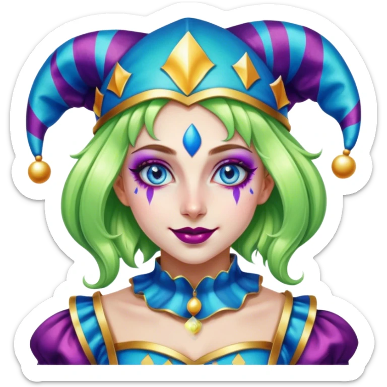 Cinematic chibi style girl in dressed like a Jester, very large glistening blue eyes, Ultra realistic 32k HD, Breathtaking piece of art, rim lighting, hauntingly beautiful art, vibrant colors, Balanced features, highly detailed digital artwork, glowing with silver light, glowing, high shine, deviant adoptable, highly detailed clothing, remembrance, a painting of white silver, fanciful, enchanting, ghostly, embodying the essence of both reality and fantasy, dreamy, dreamy glow, optical illusion, immaculate composition, complex pose, air composition. The image is so lifelike that it feels as though it could leap off the canvas at any moment sticker