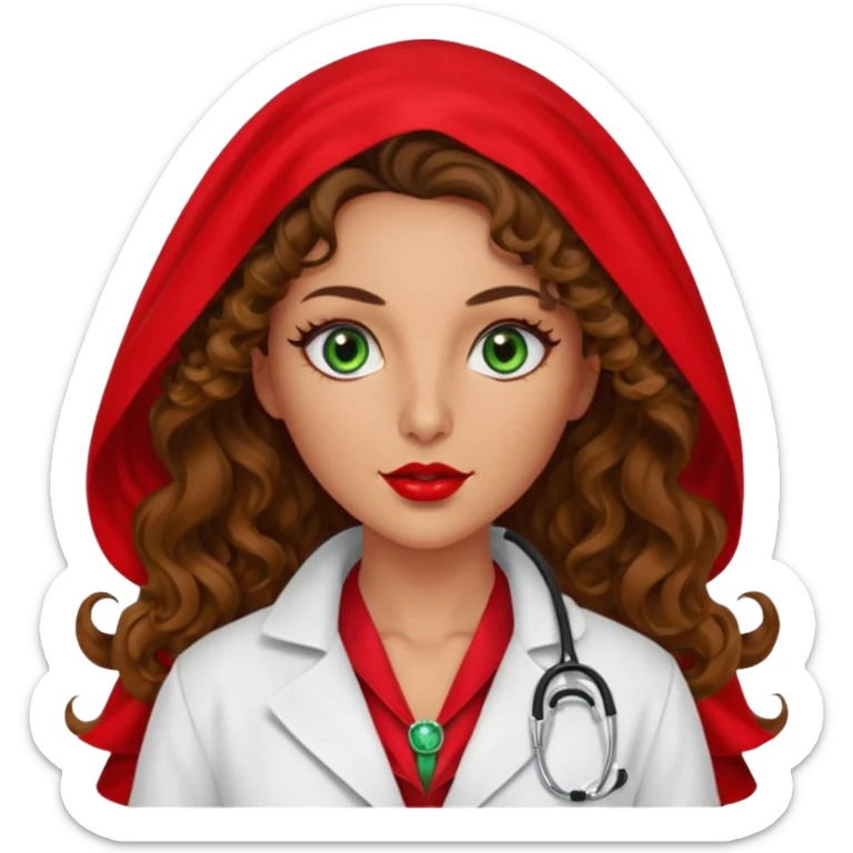 Spanish sexy evil woman. She has green eyes.  had brown long curly hair.  evil surgeon kills with needle wears red sexy doctor coat with red Juliet veil on her mouth and nose ONLY to hide and wearing red gloves. Hair is free and flowing long  sticker