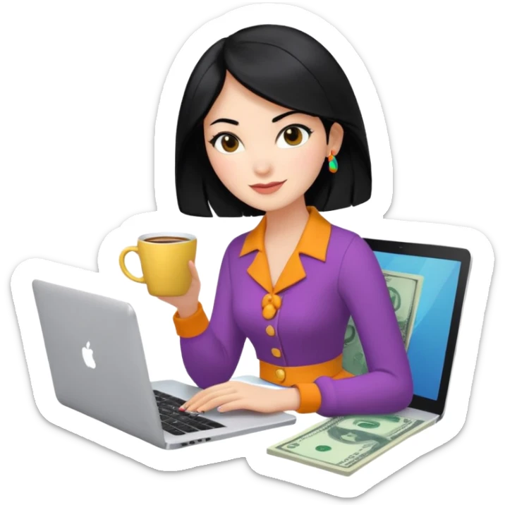  woman character with laptop and coffee in Paris, dollars coming out from the screen floating, colorful chic outfit, white laptop, Pixar style, black hair, fair skin,  sticker