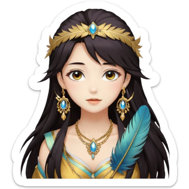 Beautiful gorgeous anime lady with beautiful dark-brown-special-hair, fashion aesthetic, ethereal, feather, accessories, gold jewelries, gold, colorful,  sticker