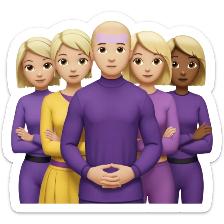5 person team; 2 men and 3 women.  All dressed in yellow or purple.  1 caucasian woman with blonde mid length hair. 1 caucasian woman with blonde short length hair. 1 caucasian woman has ash blonde hair tied up. 1 man is African-american and bald, 1 man is caucasian and very little hair left.  
 sticker