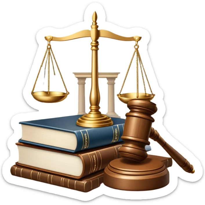 An icon featuring a gavel, scales of justice, and legal books, symbolizing law. The design includes a courthouse building in the background, representing the legal system and justice. Transparent background highlights the authority and structure of the law. sticker