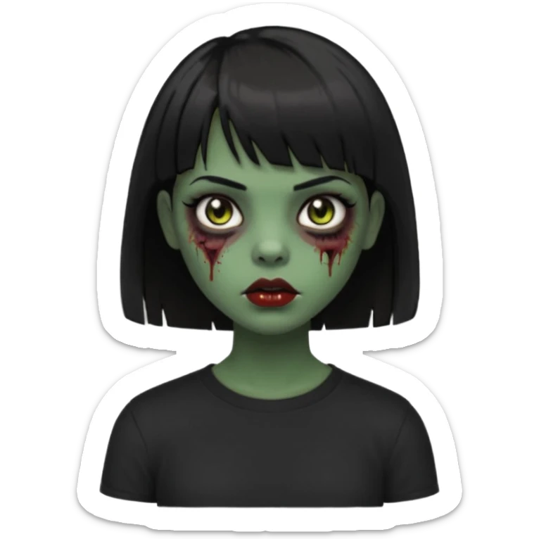 Zombie girl emoji verde escuro com cabelo curto liso preto no ombro e franja na altura da sobrancelha com uma blusa preta, olhos castanhos escuros sticker
