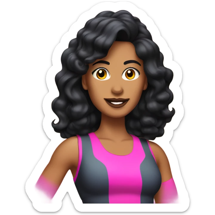 Tanned woman with black hair dressed in 1980s fitness hair, makeup, and neon attire  sticker