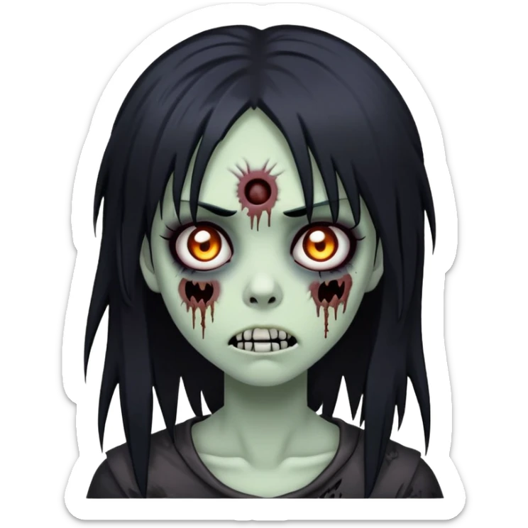 spooky zombie girl, black medium-long hair, emo and shaggy, creepy face sticker