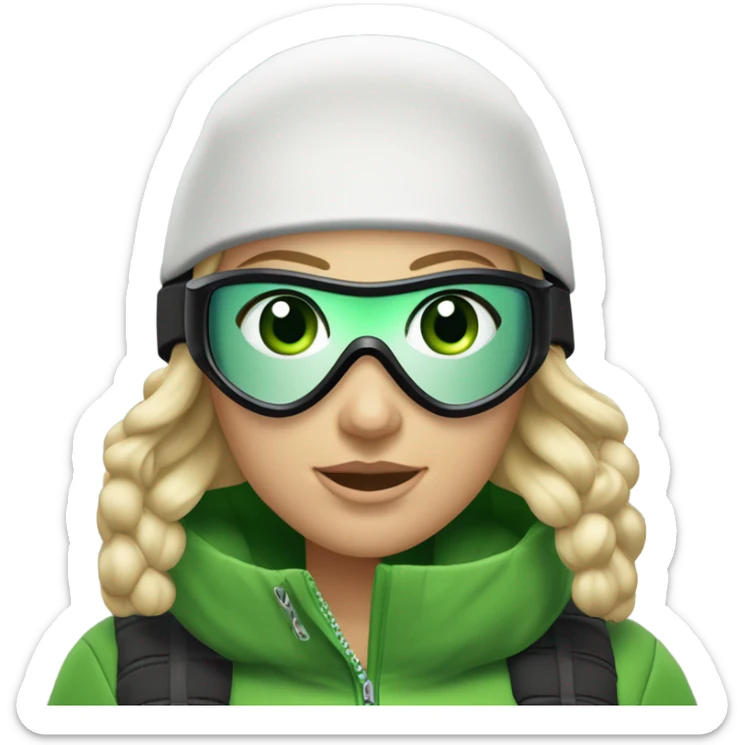 Green-eyed, fat female skier with medium-length straight blonde hair no curls, snow goggles on top of helmet, white ski helmet, gray snow jacket, green ski gloves, long black pants rolled up at the bottom, black only snow boots standing tall. sticker