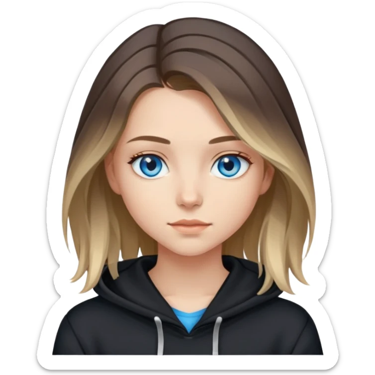 girl with blue eyes, shoulder-length hair with balayage highlights, wearing a black hoodie sticker