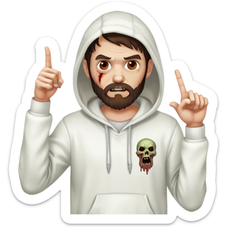 zombie pointing finger wearing white hoodie, with dark brown hair and short full beard sticker